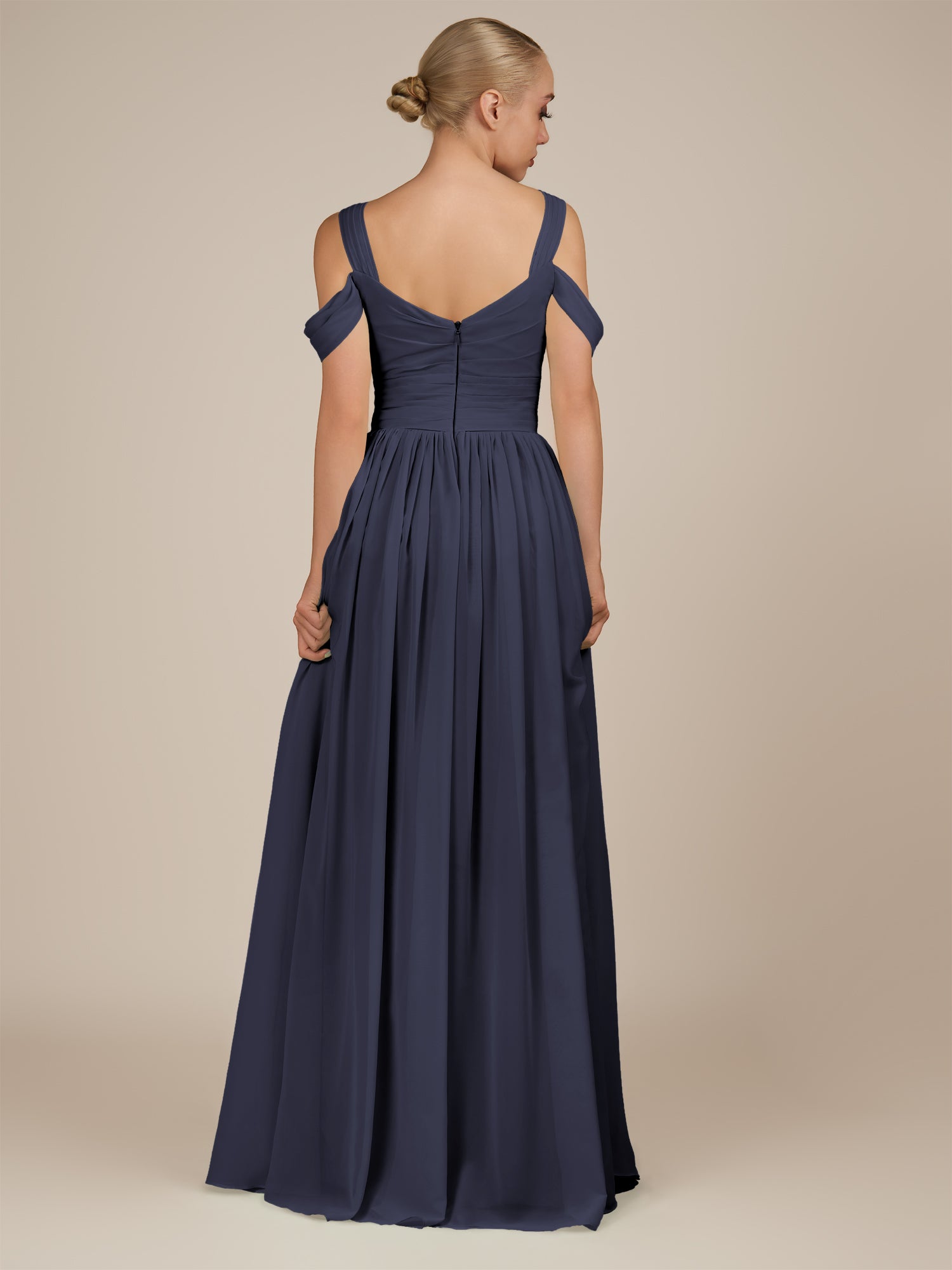 KissDress-Faye Dusk Blue A Line Chiffon Off the Shoulder Pleated Long Bridesmaid Dress with Slit
