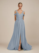 KissDress-Faye Dusty Blue A Line Chiffon Off the Shoulder Pleated Long Bridesmaid Dress with Slit