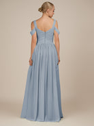 KissDress-Faye Dusty Blue A Line Chiffon Off the Shoulder Pleated Long Bridesmaid Dress with Slit