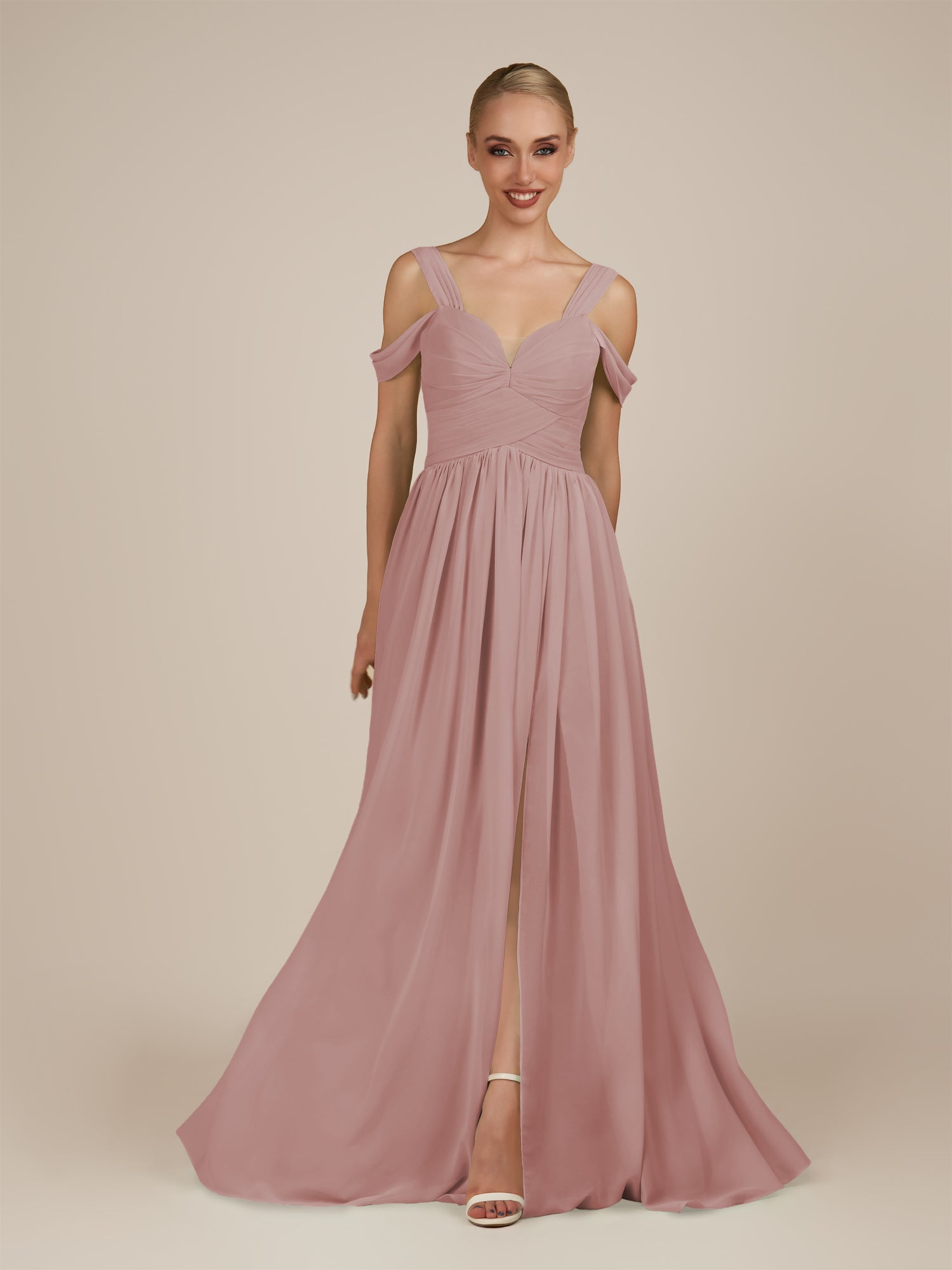 KissDress-Faye Dusty Rose A Line Chiffon Off the Shoulder Pleated Long Bridesmaid Dress with Slit