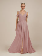 KissDress-Faye Dusty Rose A Line Chiffon Off the Shoulder Pleated Long Bridesmaid Dress with Slit
