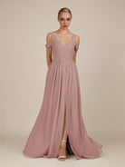 KissDress-Faye Dusty Rose A Line Chiffon Off the Shoulder Pleated Long Bridesmaid Dress with Slit