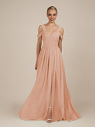 KissDress-Faye English Rose A Line Chiffon Off the Shoulder Pleated Long Bridesmaid Dress with Slit