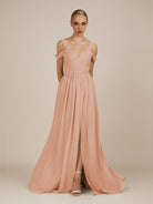 KissDress-Faye English Rose A Line Chiffon Off the Shoulder Pleated Long Bridesmaid Dress with Slit