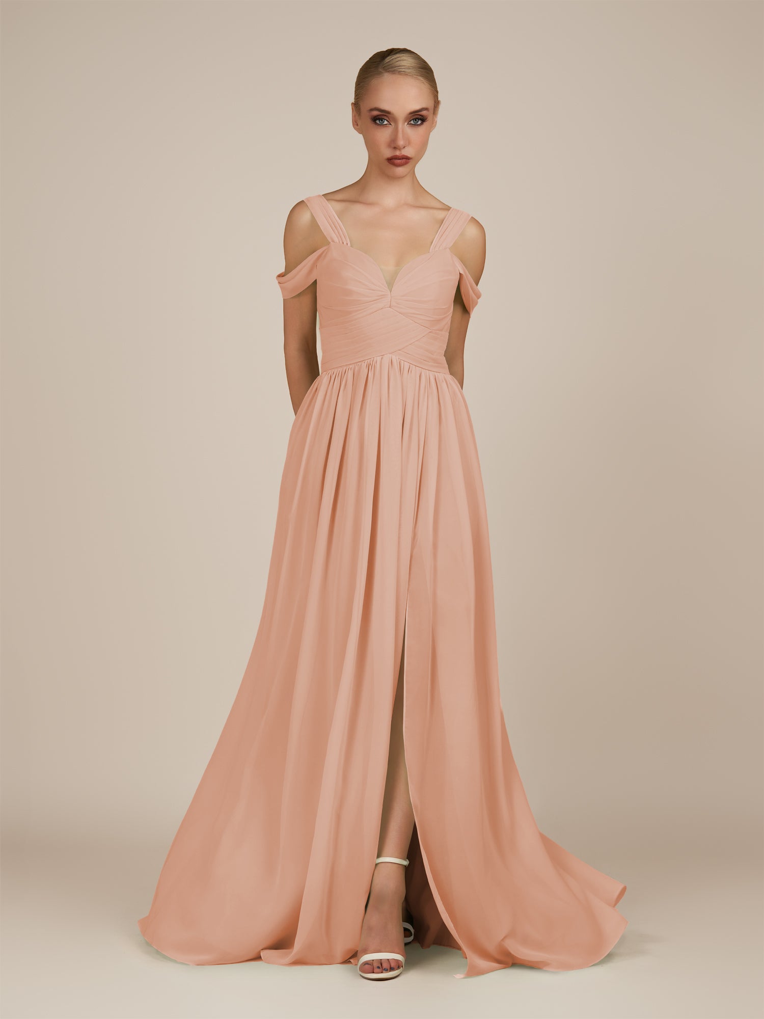 KissDress-Faye English Rose A Line Chiffon Off the Shoulder Pleated Long Bridesmaid Dress with Slit