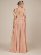 KissDress-Faye English Rose A Line Chiffon Off the Shoulder Pleated Long Bridesmaid Dress with Slit