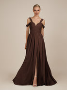 KissDress-Faye Espresso A Line Chiffon Off the Shoulder Pleated Long Bridesmaid Dress with Slit