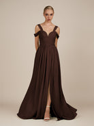 KissDress-Faye Espresso A Line Chiffon Off the Shoulder Pleated Long Bridesmaid Dress with Slit