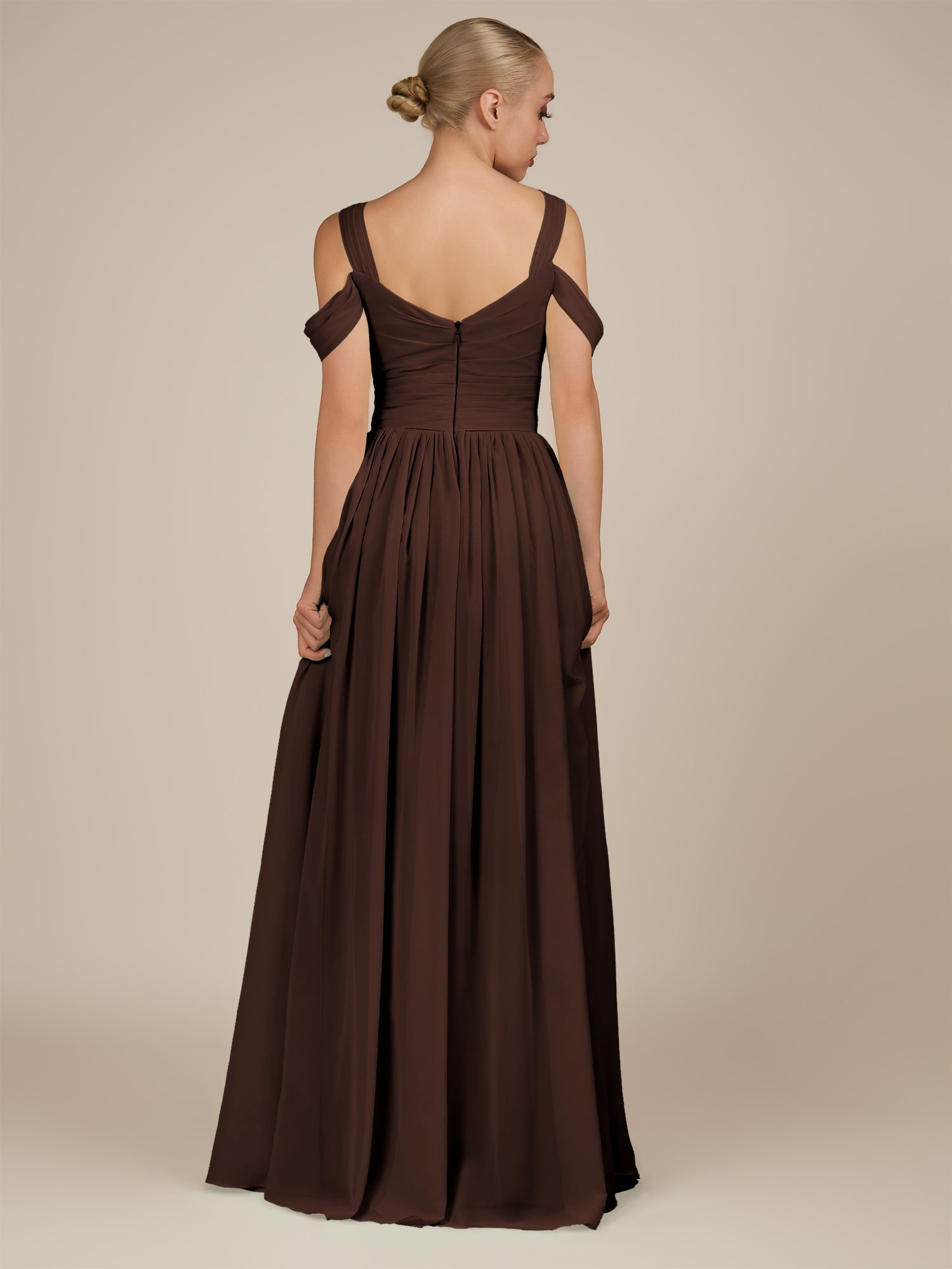 KissDress-Faye Espresso A Line Chiffon Off the Shoulder Pleated Long Bridesmaid Dress with Slit