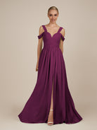 KissDress-Faye Fig A Line Chiffon Off the Shoulder Pleated Long Bridesmaid Dress with Slit