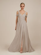 KissDress-Faye Frost A Line Chiffon Off the Shoulder Pleated Long Bridesmaid Dress with Slit