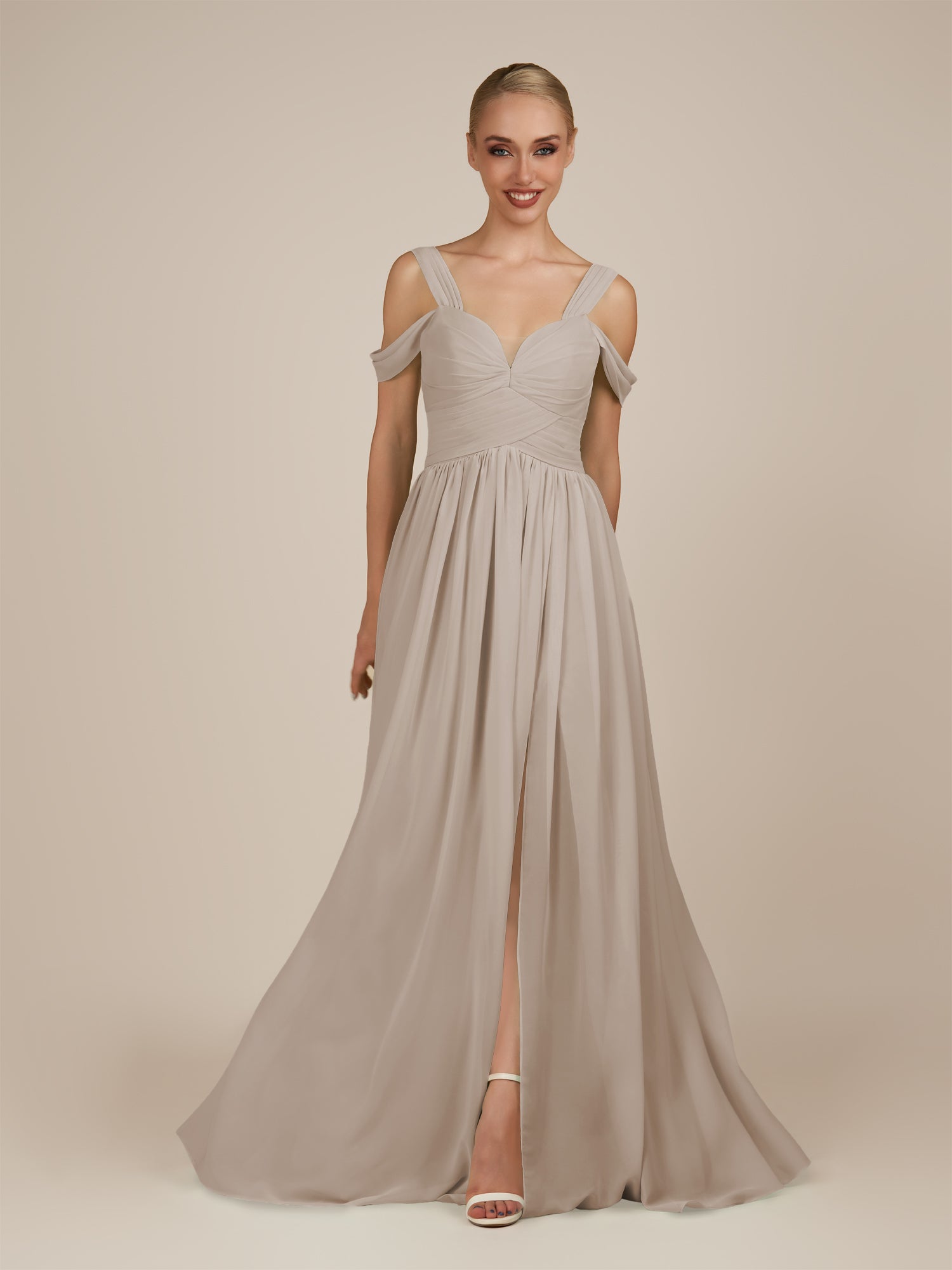 KissDress-Faye Frost A Line Chiffon Off the Shoulder Pleated Long Bridesmaid Dress with Slit