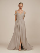 KissDress-Faye Frost A Line Chiffon Off the Shoulder Pleated Long Bridesmaid Dress with Slit