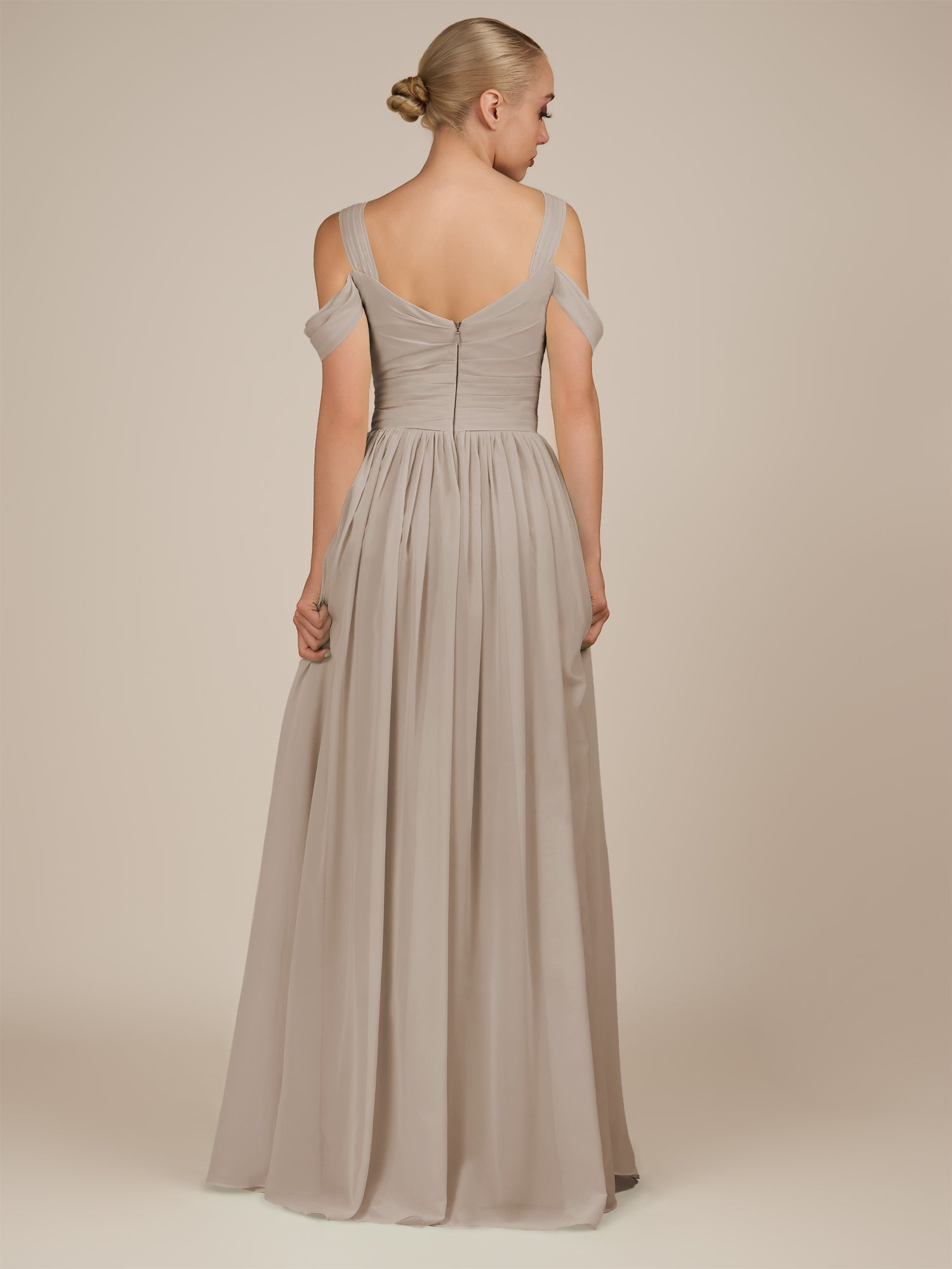 KissDress-Faye Frost A Line Chiffon Off the Shoulder Pleated Long Bridesmaid Dress with Slit