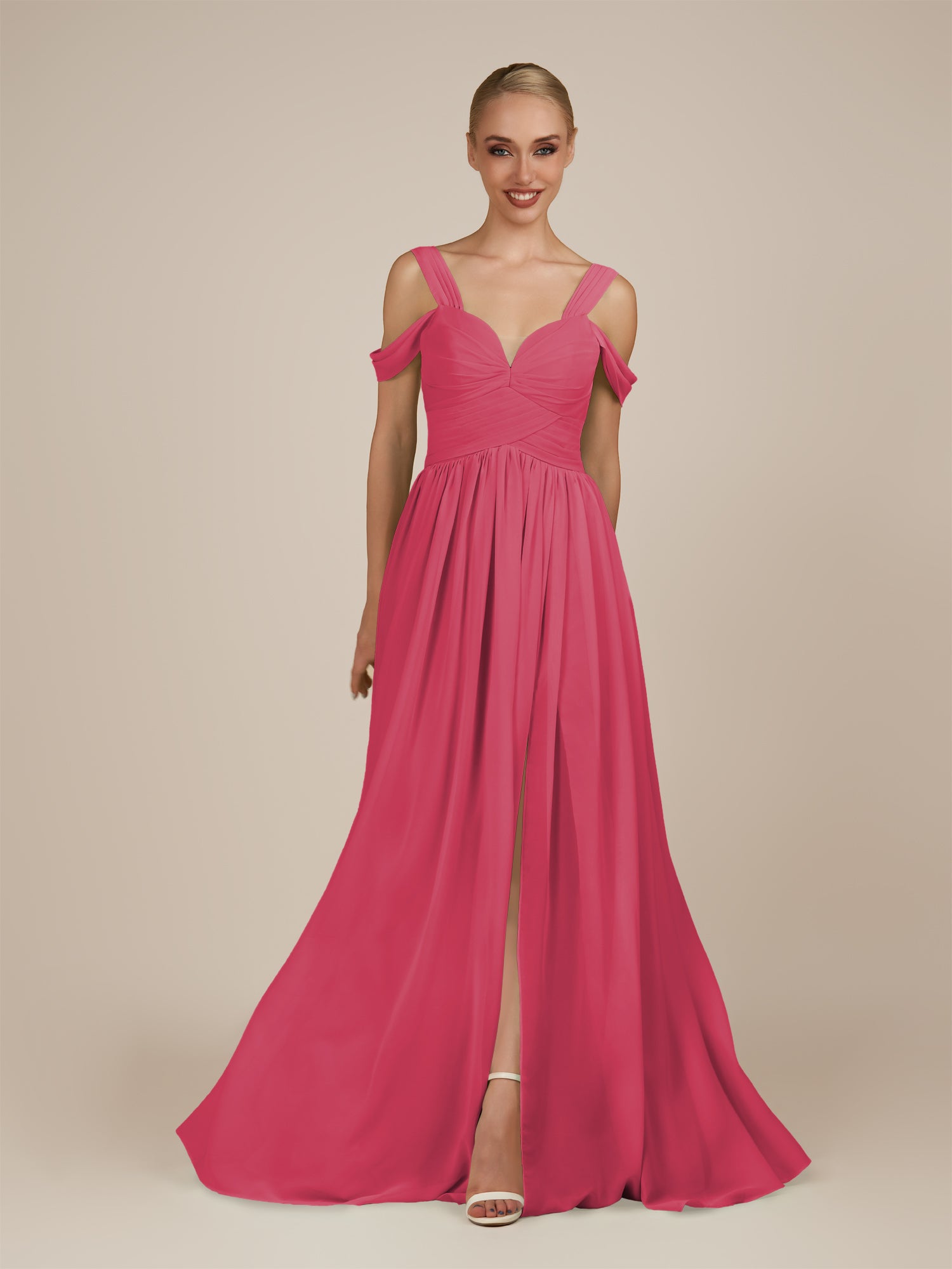 KissDress-Faye Fuchsia A Line Chiffon Off the Shoulder Pleated Long Bridesmaid Dress with Slit