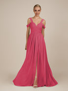 KissDress-Faye Fuchsia A Line Chiffon Off the Shoulder Pleated Long Bridesmaid Dress with Slit