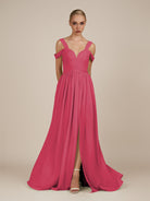 KissDress-Faye Fuchsia A Line Chiffon Off the Shoulder Pleated Long Bridesmaid Dress with Slit