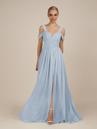 KissDress-Faye Ice A Line Chiffon Off the Shoulder Pleated Long Bridesmaid Dress with Slit