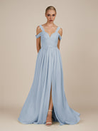 KissDress-Faye Ice A Line Chiffon Off the Shoulder Pleated Long Bridesmaid Dress with Slit