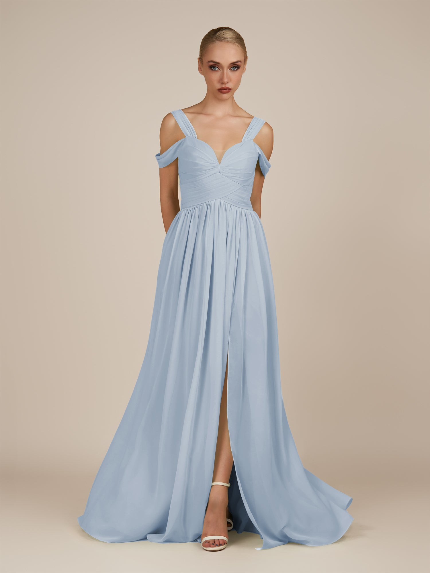 KissDress-Faye Ice A Line Chiffon Off the Shoulder Pleated Long Bridesmaid Dress with Slit
