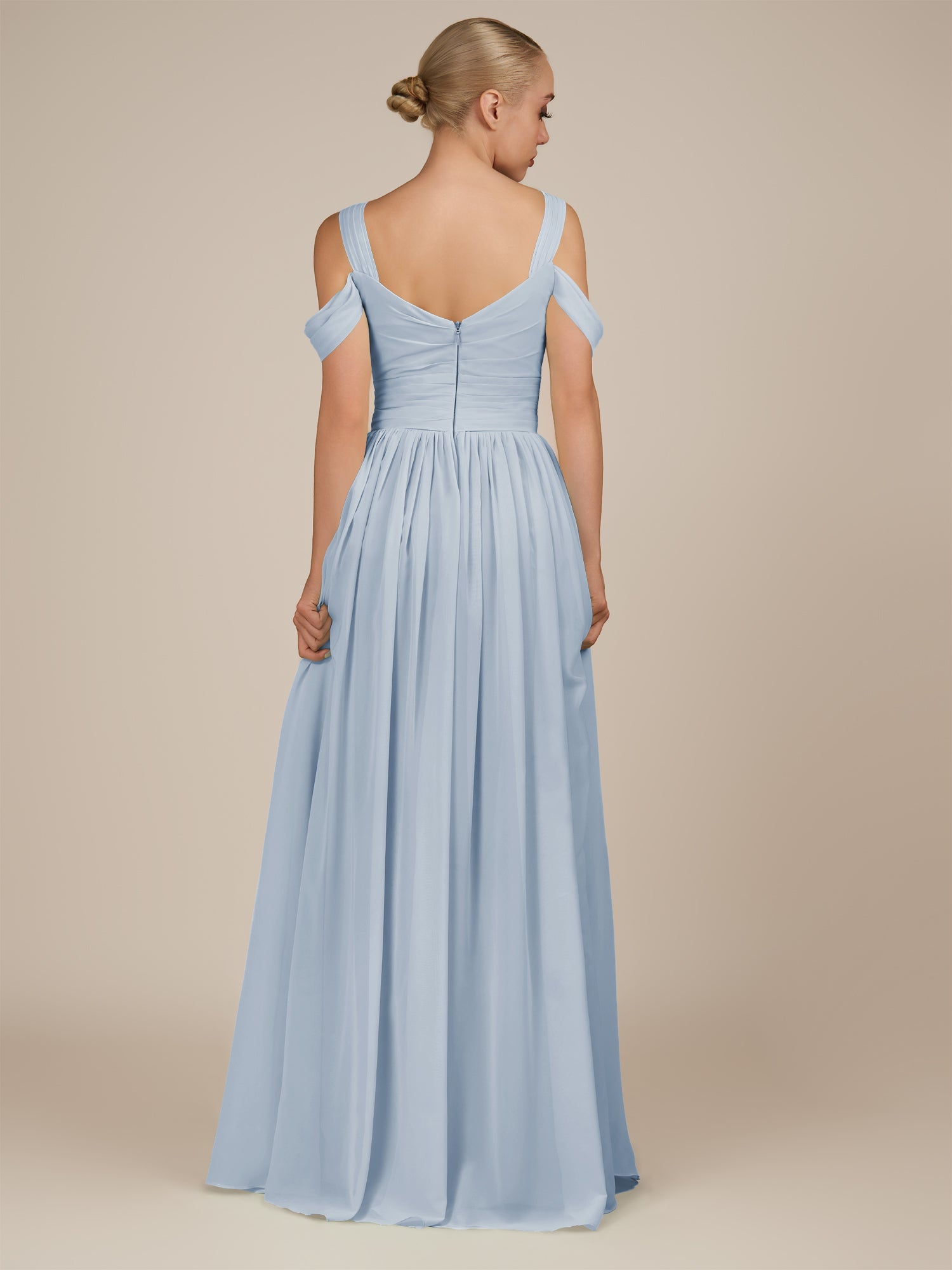 KissDress-Faye Ice A Line Chiffon Off the Shoulder Pleated Long Bridesmaid Dress with Slit