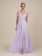 KissDress-Faye Lavender A Line Chiffon Off the Shoulder Pleated Long Bridesmaid Dress with Slit