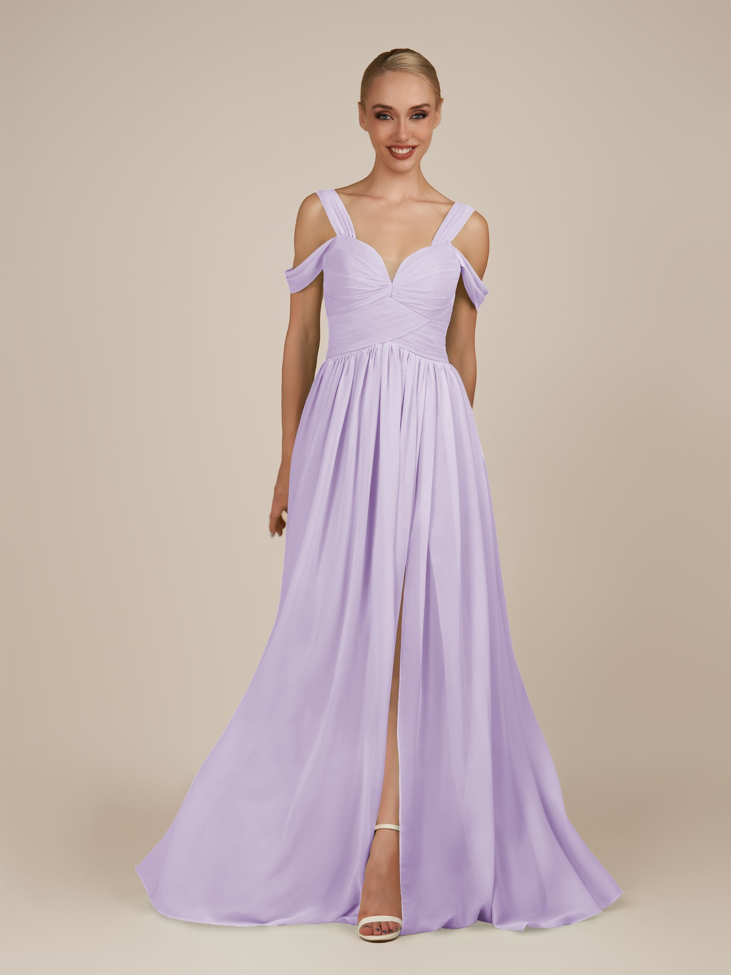 KissDress-Faye Lavender A Line Chiffon Off the Shoulder Pleated Long Bridesmaid Dress with Slit
