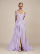 KissDress-Faye Lavender A Line Chiffon Off the Shoulder Pleated Long Bridesmaid Dress with Slit