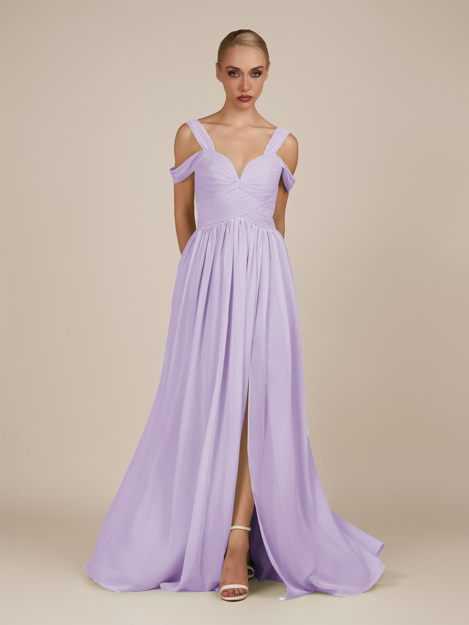 KissDress-Faye Lavender A Line Chiffon Off the Shoulder Pleated Long Bridesmaid Dress with Slit