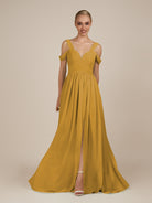 KissDress-Faye Marigold A Line Chiffon Off the Shoulder Pleated Long Bridesmaid Dress with Slit