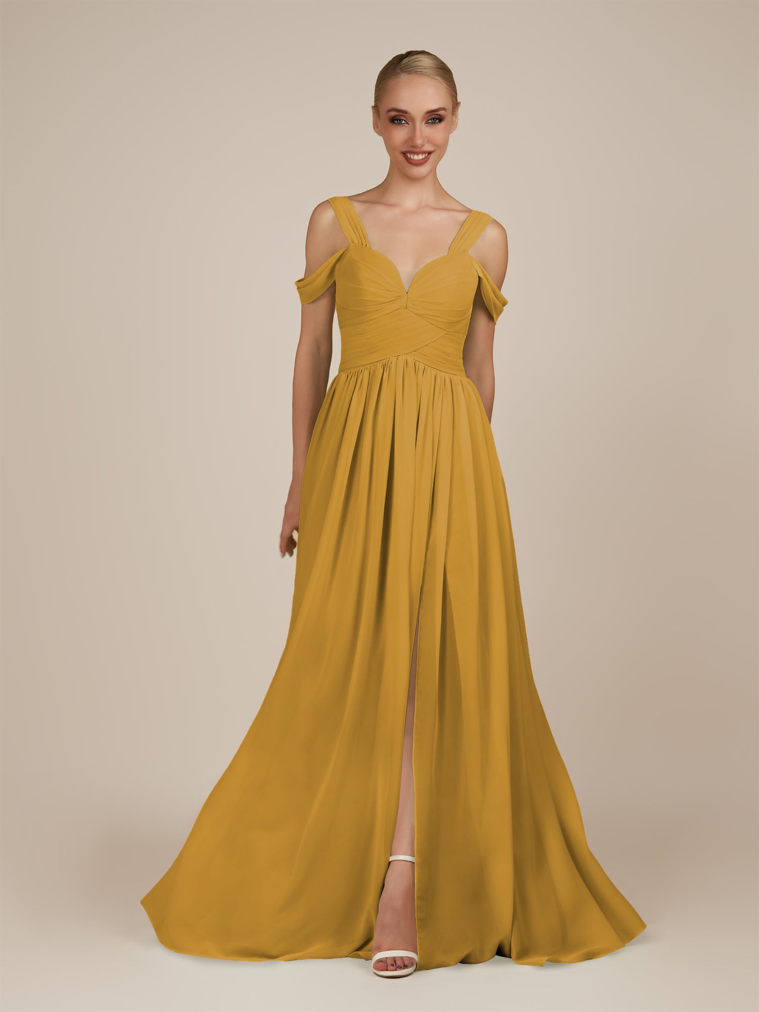 KissDress-Faye Marigold A Line Chiffon Off the Shoulder Pleated Long Bridesmaid Dress with Slit