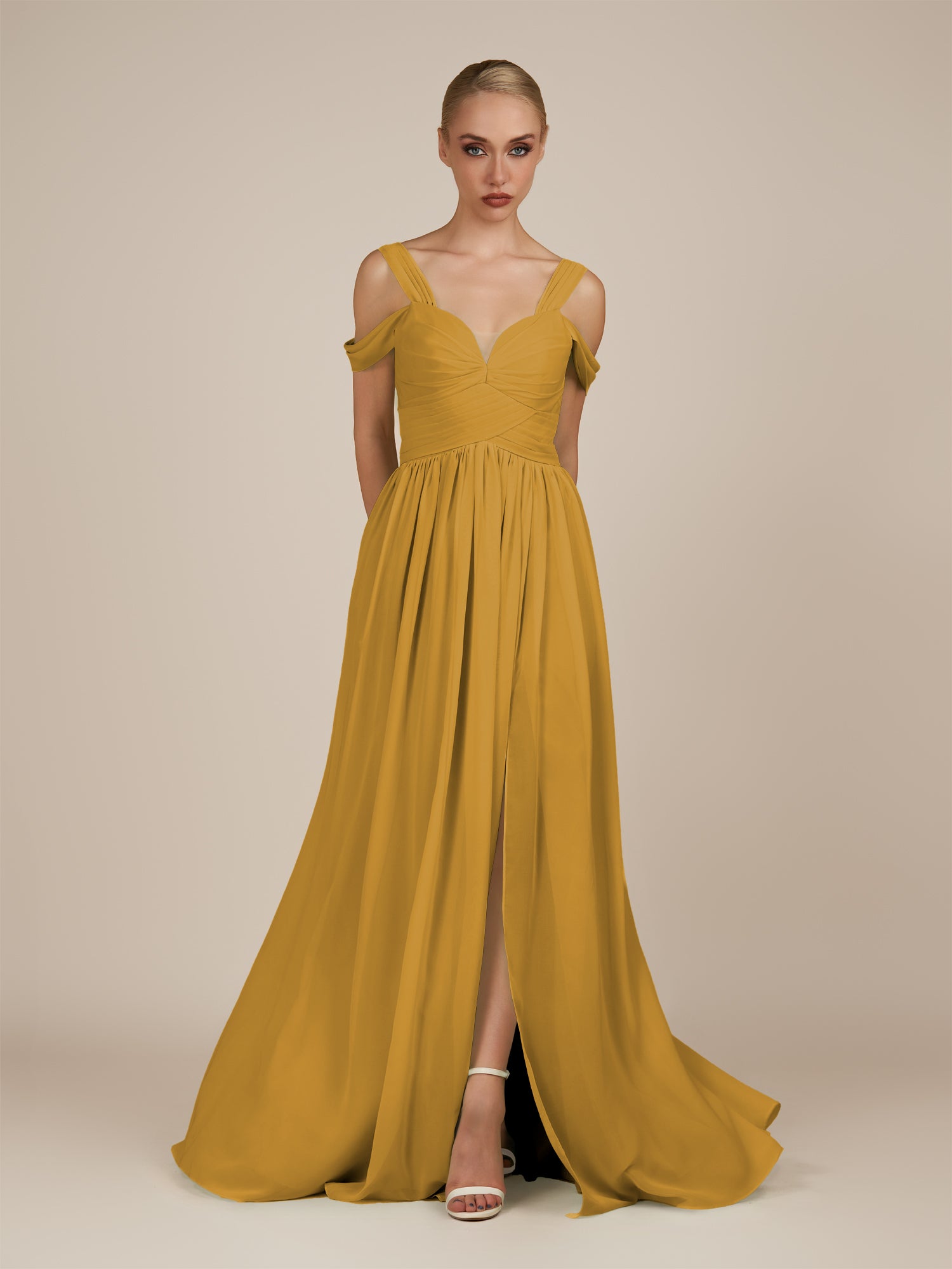 KissDress-Faye Marigold A Line Chiffon Off the Shoulder Pleated Long Bridesmaid Dress with Slit