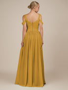 KissDress-Faye Marigold A Line Chiffon Off the Shoulder Pleated Long Bridesmaid Dress with Slit