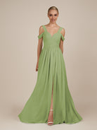 KissDress-Faye Matcha A Line Chiffon Off the Shoulder Pleated Long Bridesmaid Dress with Slit