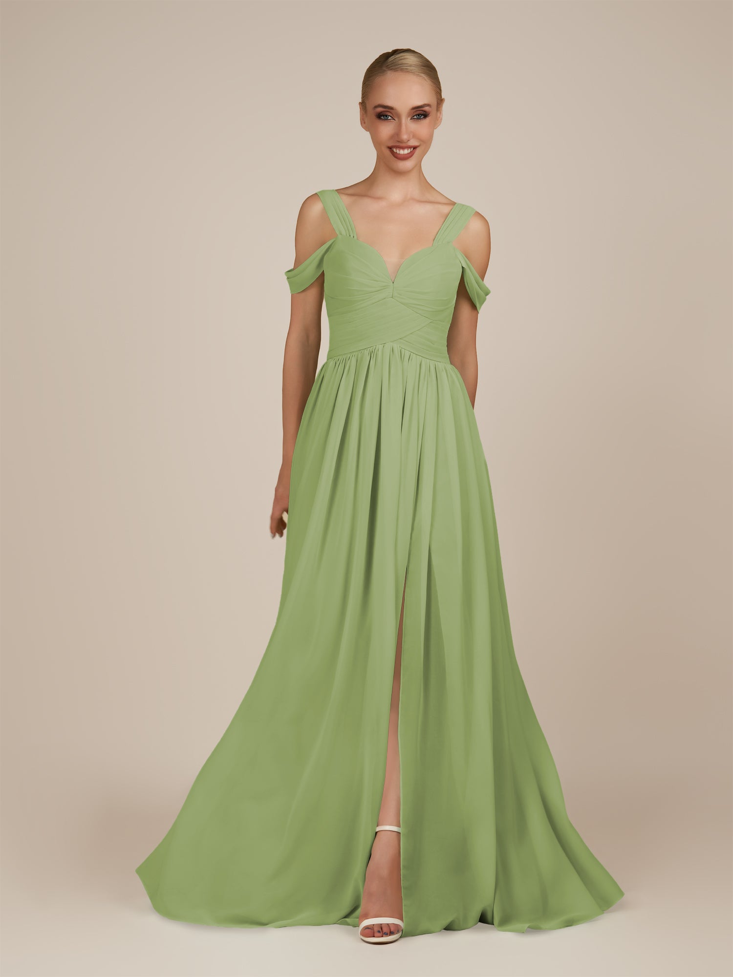 KissDress-Faye Matcha A Line Chiffon Off the Shoulder Pleated Long Bridesmaid Dress with Slit