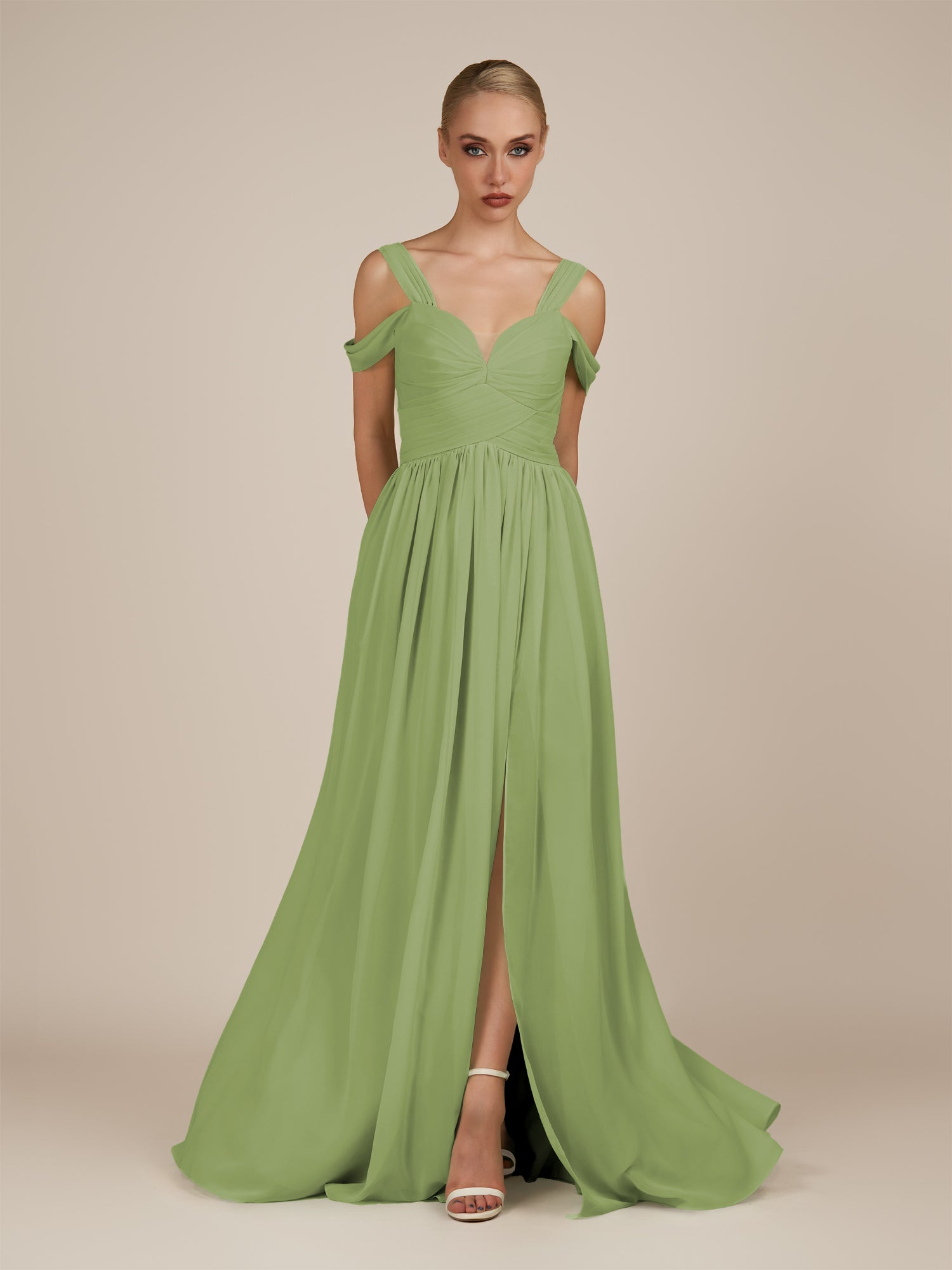 KissDress-Faye Matcha A Line Chiffon Off the Shoulder Pleated Long Bridesmaid Dress with Slit