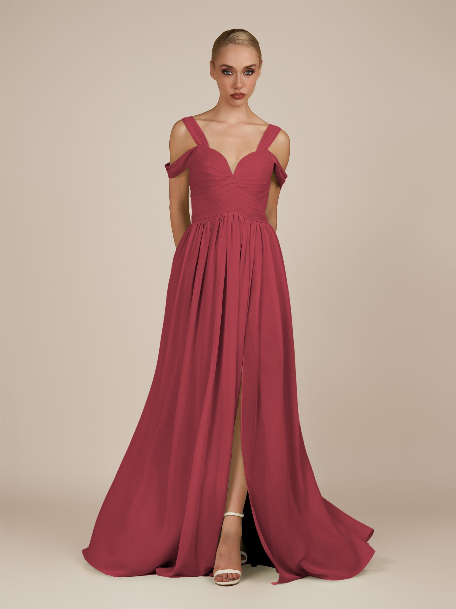 KissDress-Faye Merlot A Line Chiffon Off the Shoulder Pleated Long Bridesmaid Dress with Slit