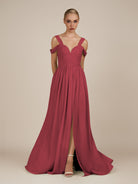 KissDress-Faye Merlot A Line Chiffon Off the Shoulder Pleated Long Bridesmaid Dress with Slit