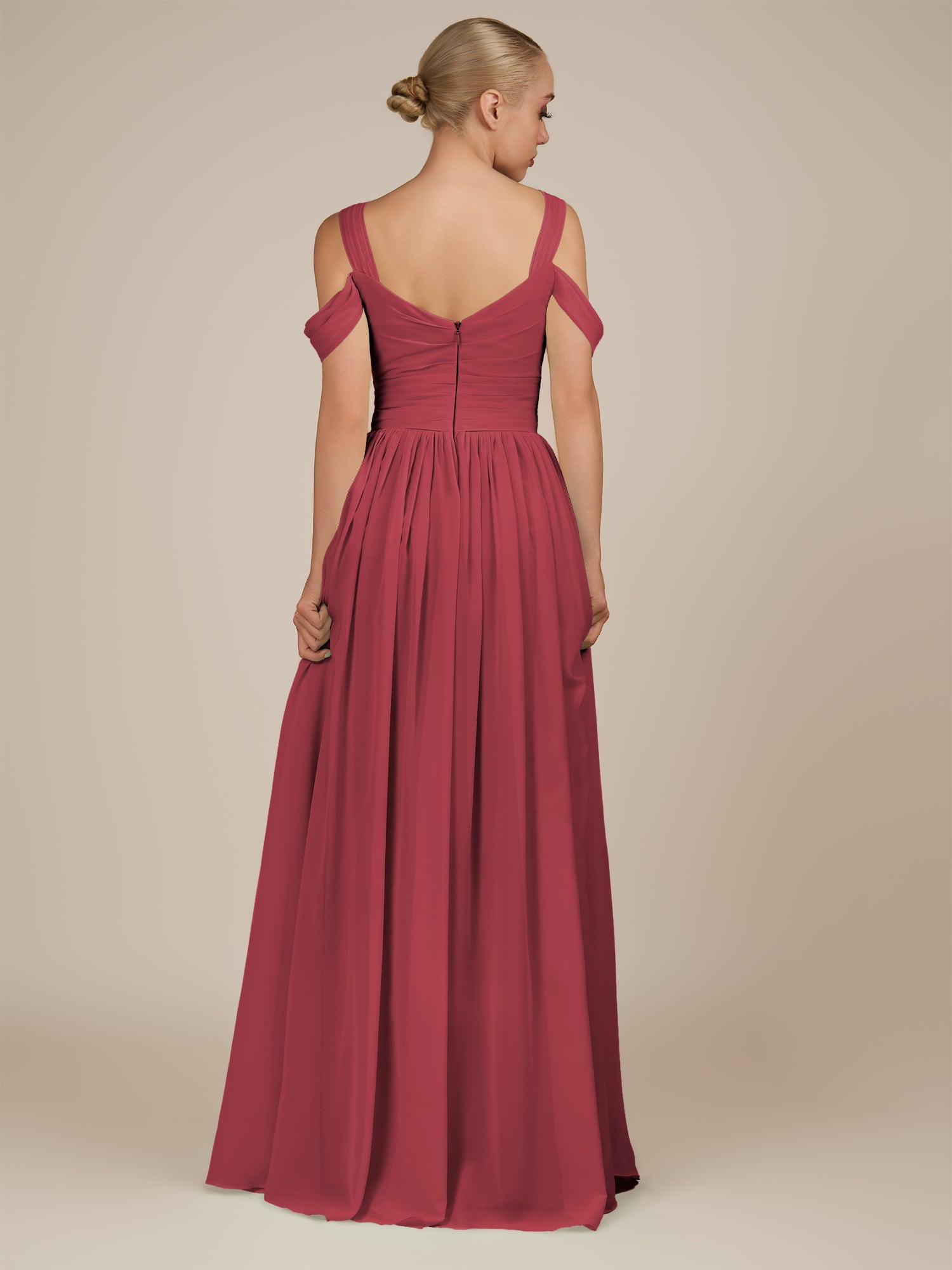 KissDress-Faye Merlot A Line Chiffon Off the Shoulder Pleated Long Bridesmaid Dress with Slit