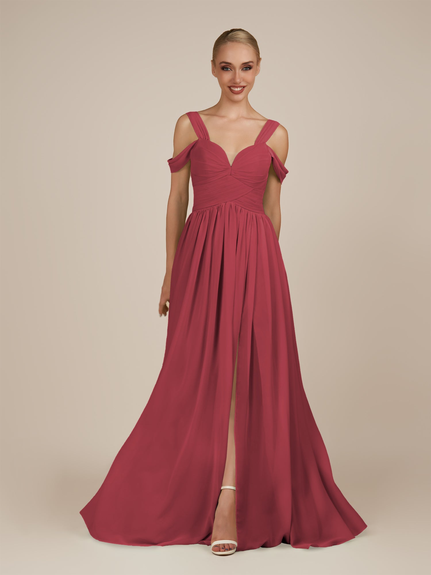 KissDress-Faye Merlot A Line Chiffon Off the Shoulder Pleated Long Bridesmaid Dress with Slit