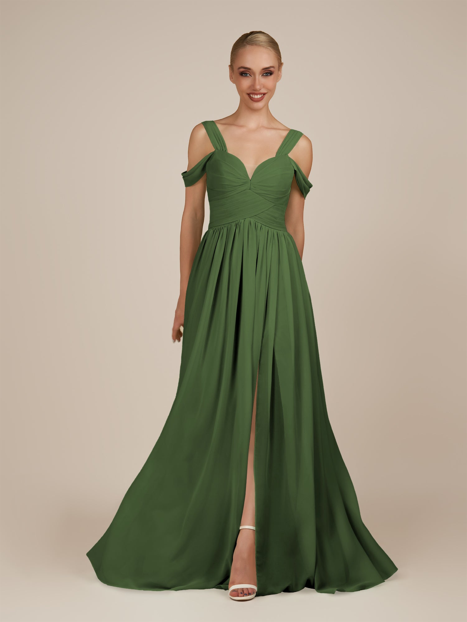KissDress-Faye Moss A Line Chiffon Off the Shoulder Pleated Long Bridesmaid Dress with Slit