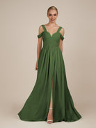 KissDress-Faye Moss A Line Chiffon Off the Shoulder Pleated Long Bridesmaid Dress with Slit