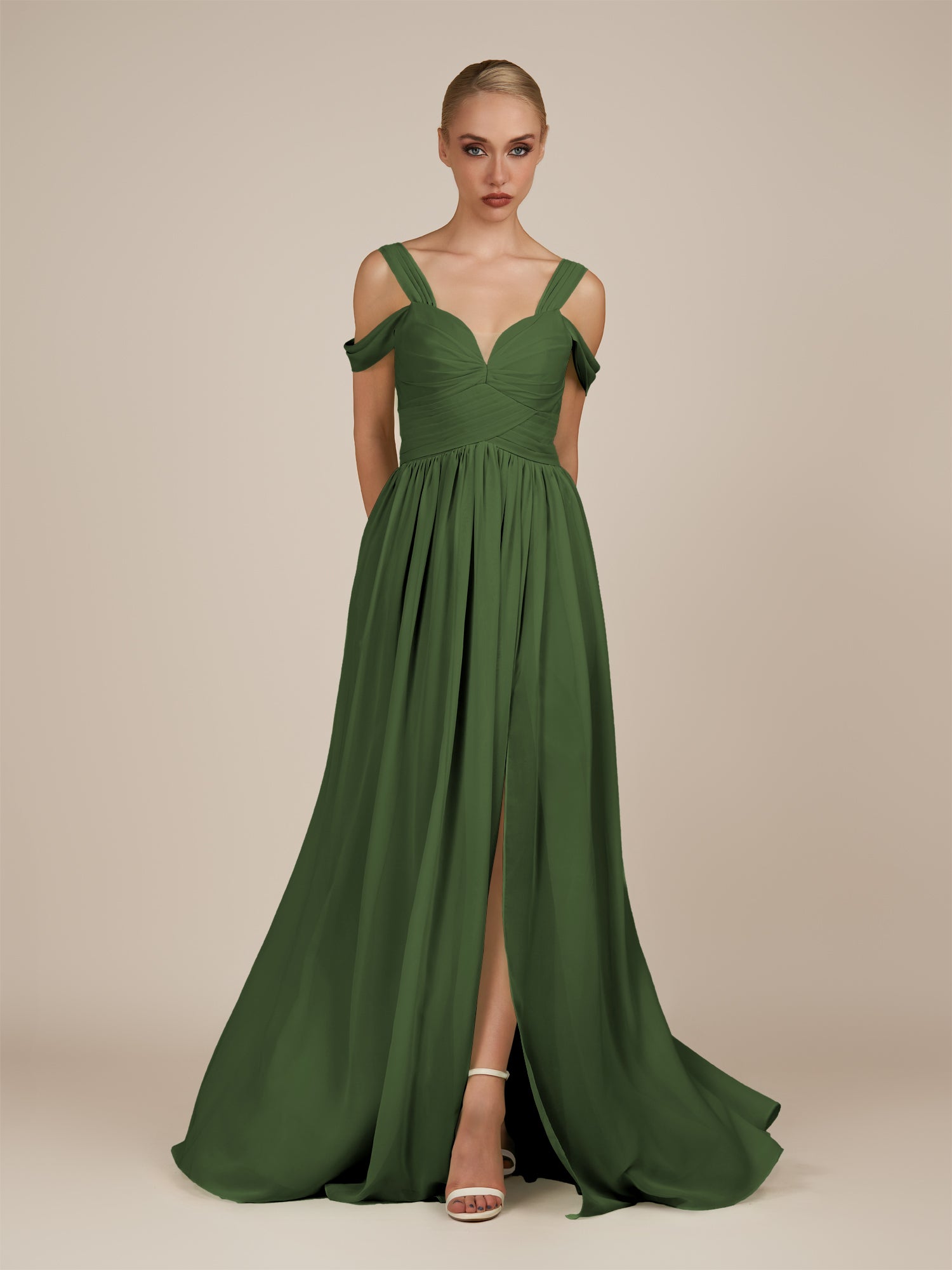 KissDress-Faye Moss A Line Chiffon Off the Shoulder Pleated Long Bridesmaid Dress with Slit