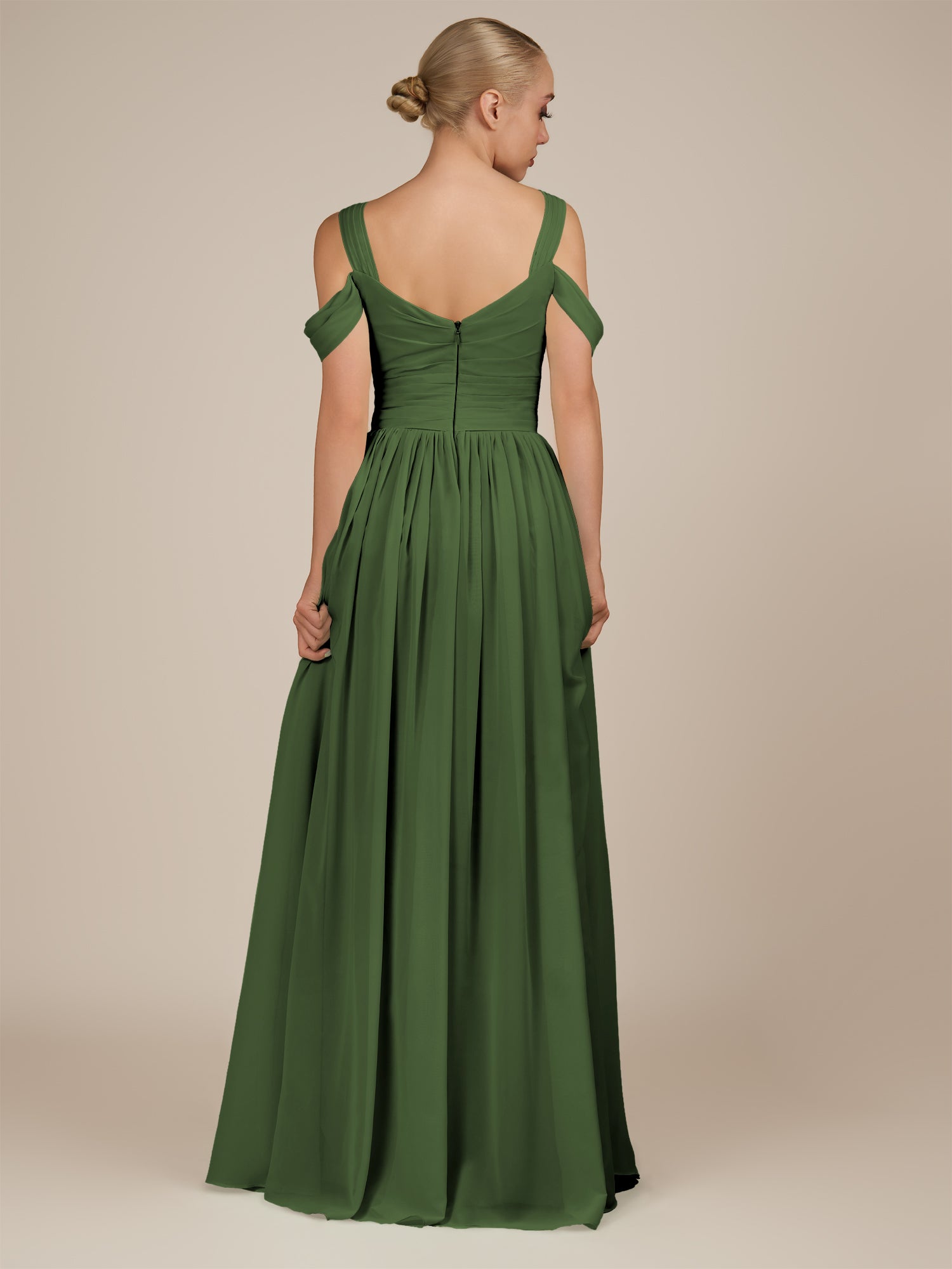 KissDress-Faye Moss A Line Chiffon Off the Shoulder Pleated Long Bridesmaid Dress with Slit
