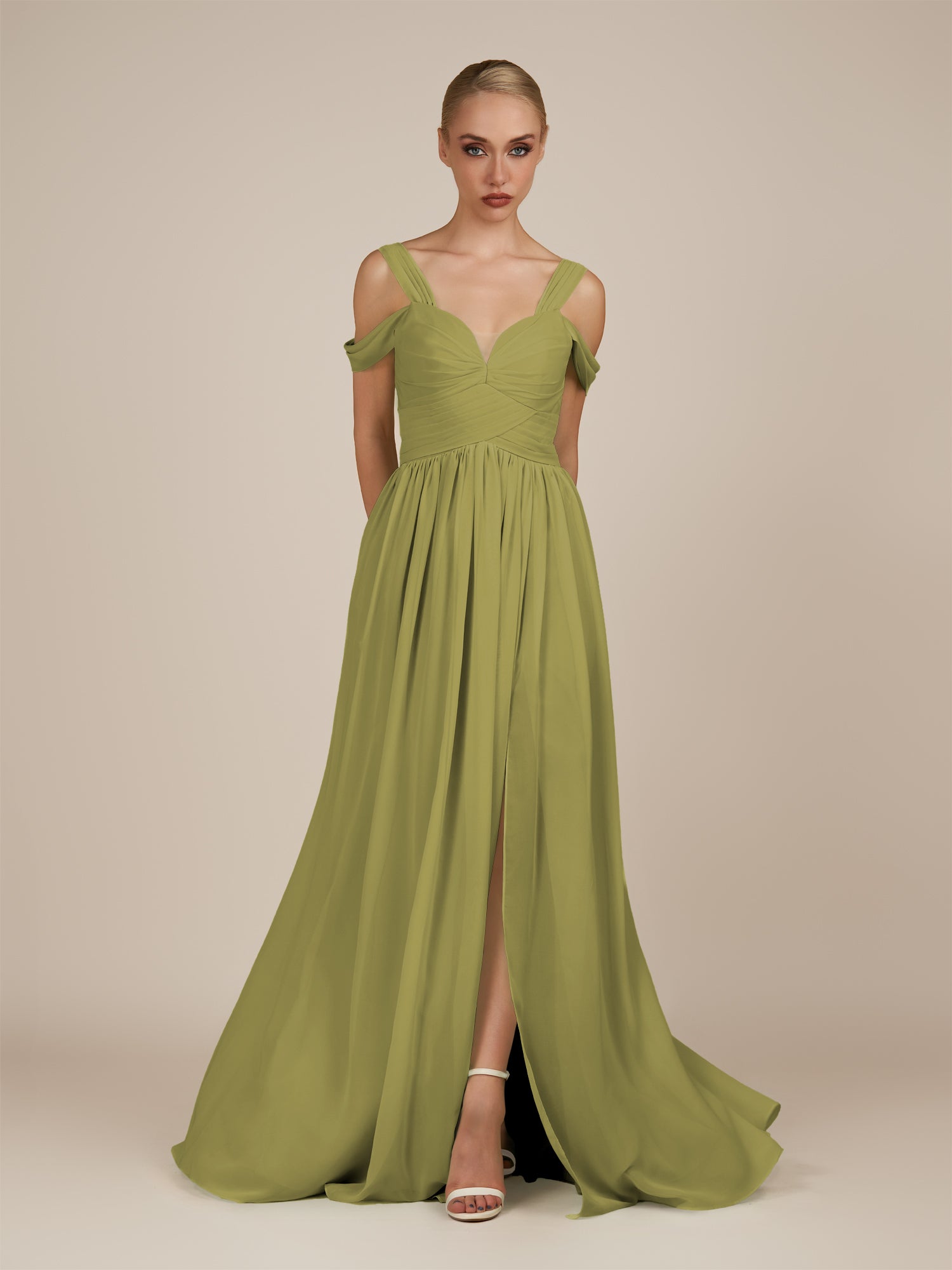 KissDress-Faye Moss Green A Line Chiffon Off the Shoulder Pleated Long Bridesmaid Dress with Slit