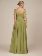 KissDress-Faye Moss Green A Line Chiffon Off the Shoulder Pleated Long Bridesmaid Dress with Slit