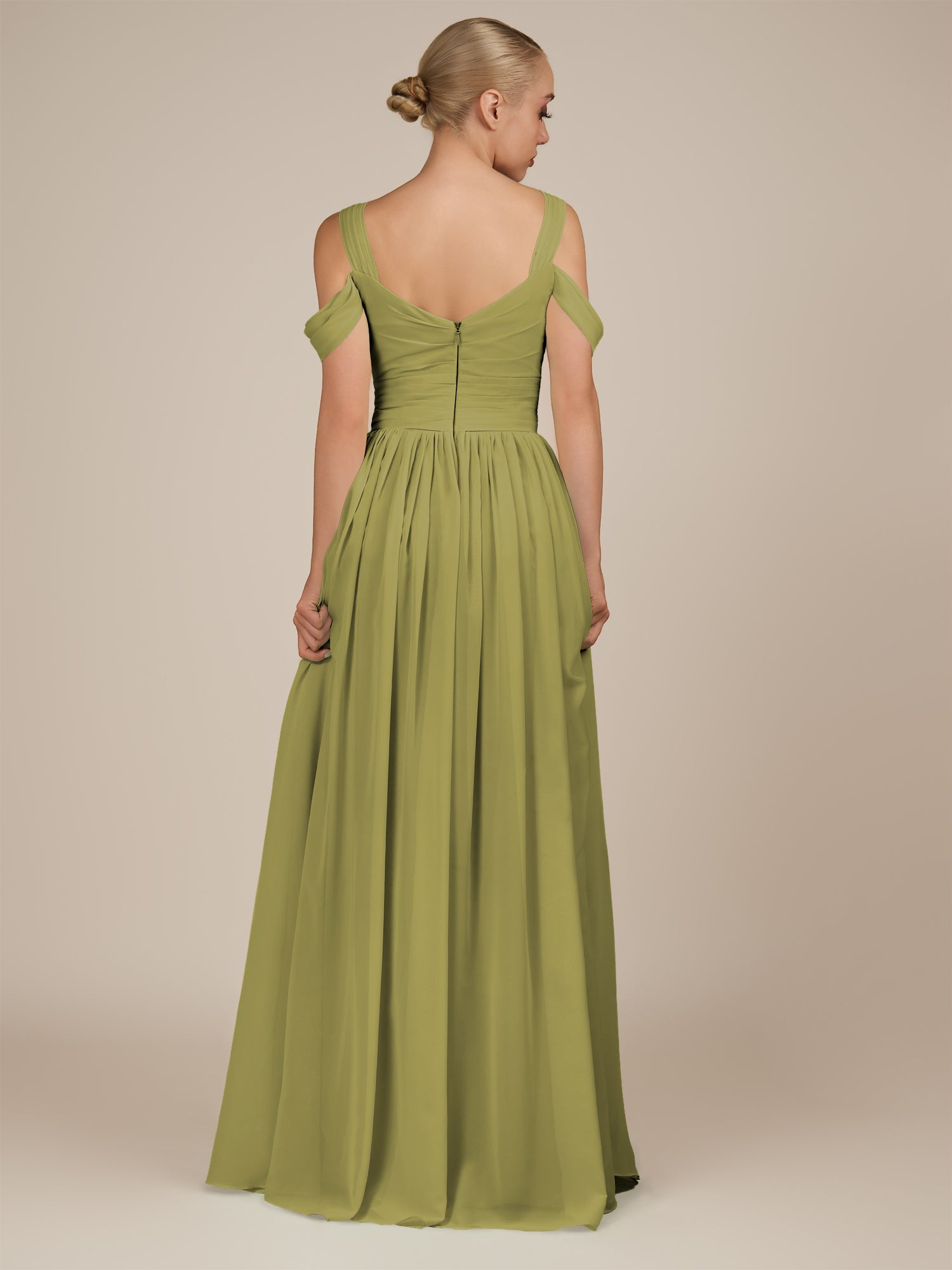 KissDress-Faye Moss Green A Line Chiffon Off the Shoulder Pleated Long Bridesmaid Dress with Slit
