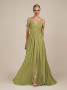 KissDress-Faye Moss Green A Line Chiffon Off the Shoulder Pleated Long Bridesmaid Dress with Slit