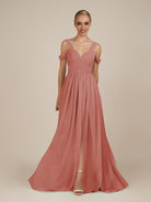 KissDress-Faye Mulberry A Line Chiffon Off the Shoulder Pleated Long Bridesmaid Dress with Slit
