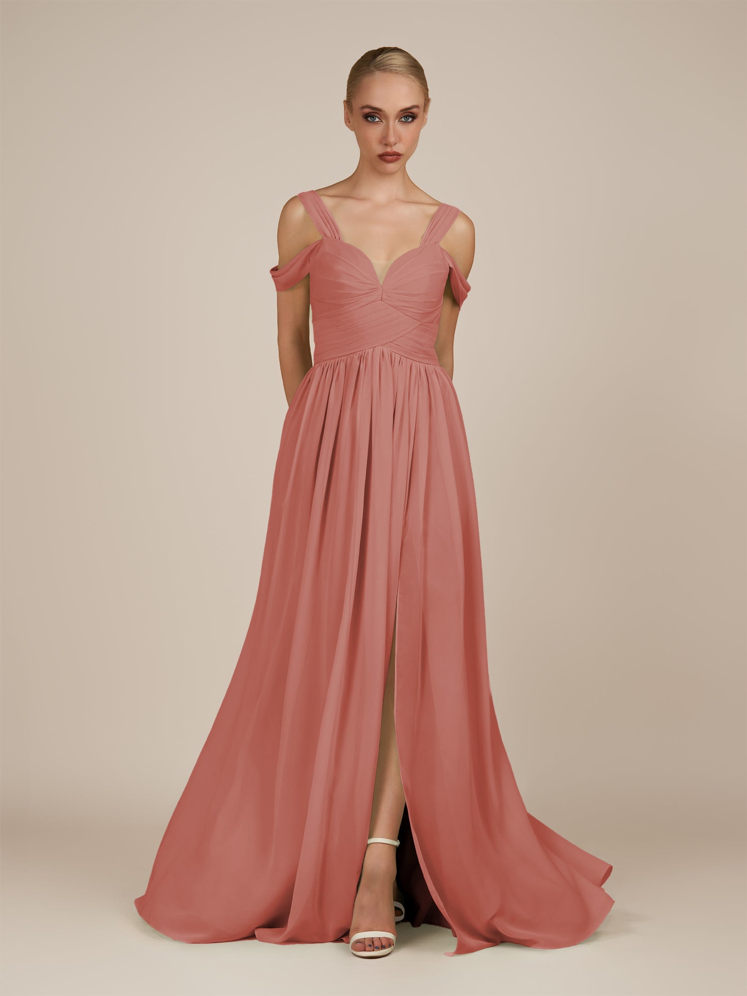 KissDress-Faye Mulberry A Line Chiffon Off the Shoulder Pleated Long Bridesmaid Dress with Slit